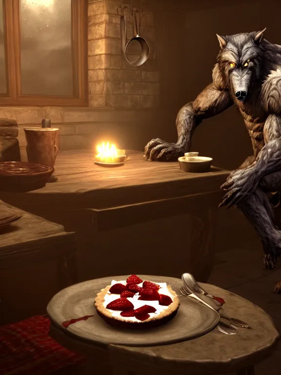 Image similar to cute handsome cuddly burly surly relaxed calm timid werewolf from van helsing sitting down at the breakfast table in the kitchen of a normal suburban home wearing apron having fun baking strawberry tart cakes unreal engine hyperreallistic render 8k character concept art masterpiece screenshot from the video game the Elder Scrolls V: Skyrim