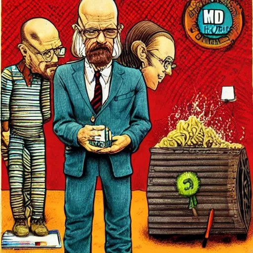 Image similar to The Artwork of R. Crumb and his Cheap Suit Breaking-Bad-Walter-White buying drugs, pencil and colored marker artwork, trailer-trash lifestyle