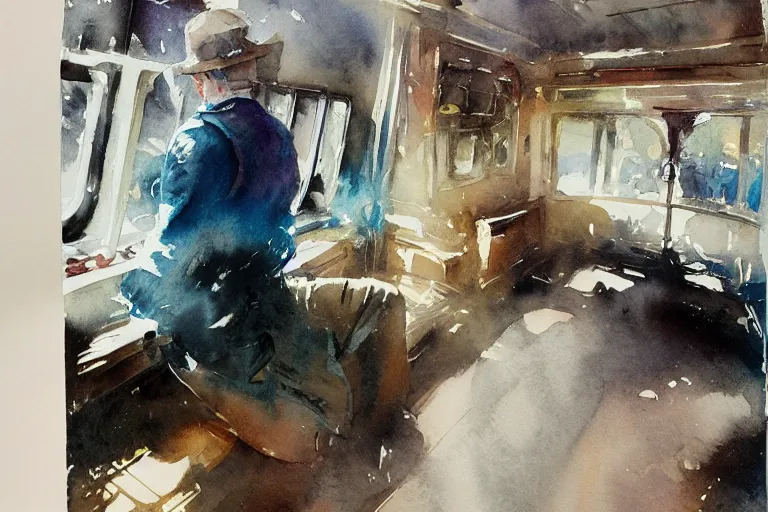 Prompt: small centered on watercolor paper, paint brush strokes, abstract watercolor painting of steam train interior, cinematic light, national romanticism by anders zorn, by hans dahl, by jesper ejsing, by greg rutkowski, by greg manchess, by tyler edlin, by craig mullins