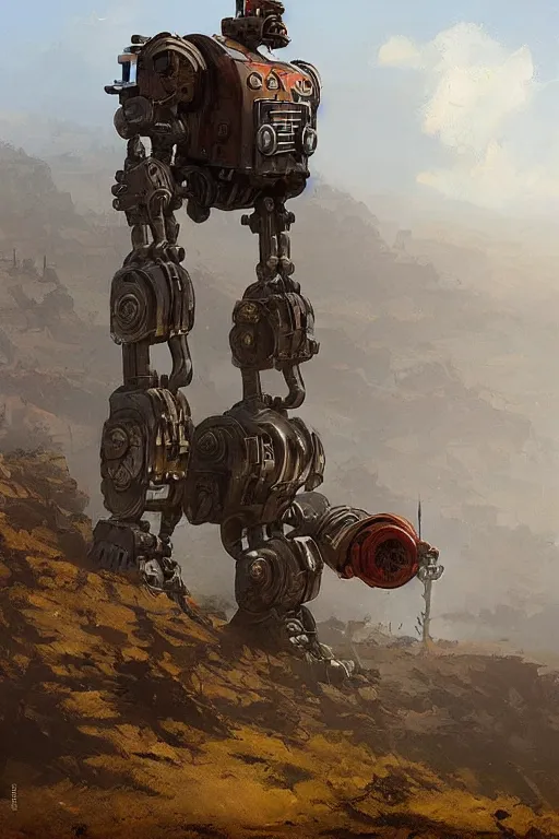 Image similar to giant dieselpunk robot stands on a hill above a small town, highly detailed, digital painting, artstation, concept art, smooth, clear focus, illustrations, works by Jakub Rozalski,