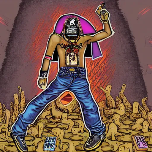 Image similar to nostalgic 2000s Aztec cyberpunk ritual, shaman wearing JNCO jeans rips an iPod from the sacrificial victim's chest, Eminem posters on the walls of the adobe temple, history textbook illustration