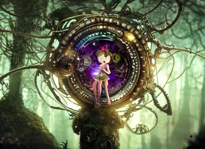 Image similar to 12mm intricate mechanical fairy with visible gears and electronics and optic Fibres sitting on top of a mushroom in a magical forest. Very detailed 8k. Fantasy cyberpunk horror. Sharp. Cinematic post-processing