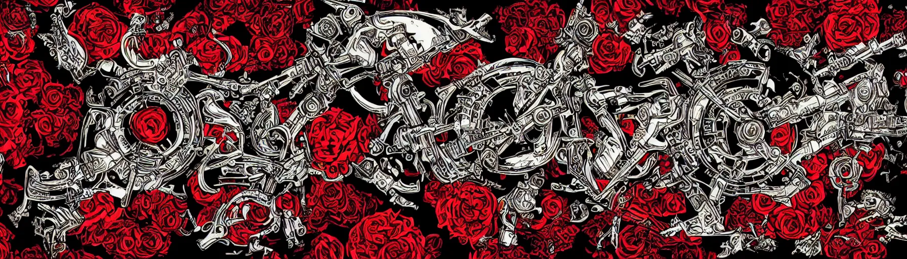 Image similar to an epic guns and roses mural on a crimson and black background, intricate illustration, highly ornate, exquisite detail, rtx, 4k