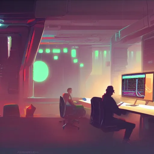 Prompt: a vibrant artstation illustration of a tech savy man typing away at a computer workstation, room illuminated by workstation monitor, speaker monitors, cyberpunk, by greg rutkowski,