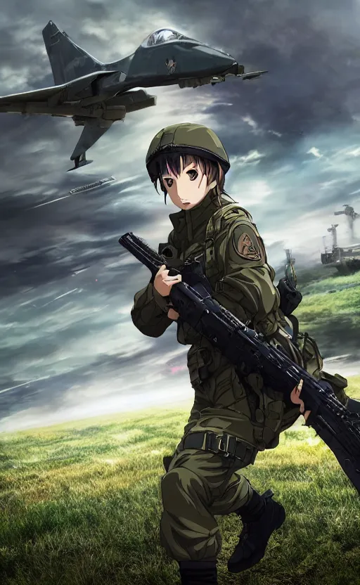 Prompt: girl, trading card front, future soldier clothing, future combat gear, realistic anatomy, war photo, professional, by ufotable anime studio, green screen, volumetric lights, stunning, military camp in the background, metal hard surfaces, generate realistic face, naruto eyes, strafing attack plane