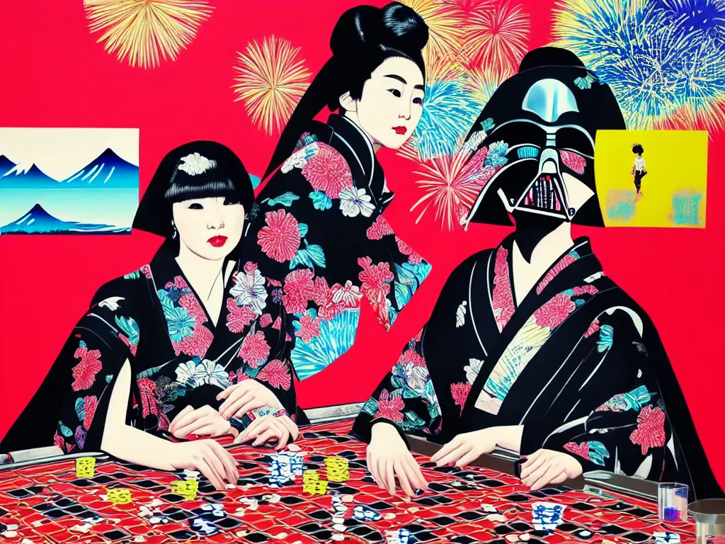 Image similar to hyperrealistic composition of the detailed woman in a japanese kimono sitting at a poker table with darth vader, fireworks, waves in the ocean with mountains in the background, pop - art style, jacky tsai style, andy warhol style, acrylic on canvas