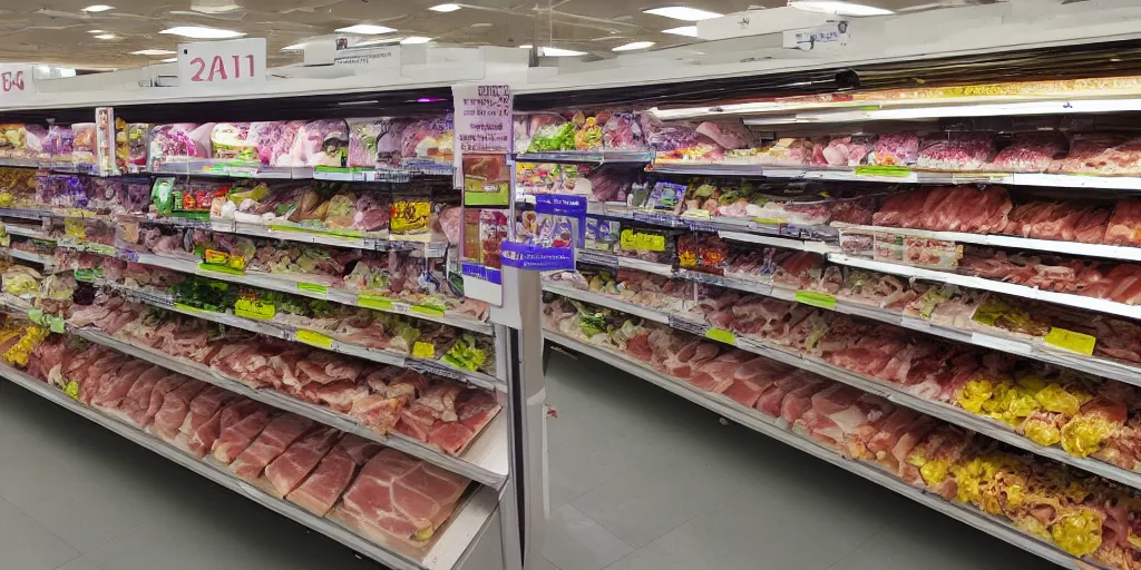 Image similar to inside a supermarket, fridges with ham