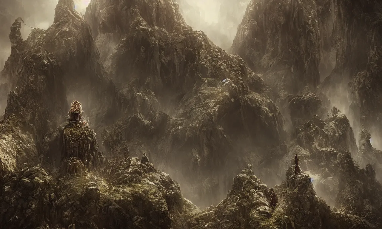 Image similar to by nadezda and david stoupakis, visually stunning, cinematic, ultra realistic, hyper realism, 1 2 k, epic, octane render, unreal engine, vfx, maya, a dwarf city built into a mountain, dwarf statue : gargantuan disappointment of crying souls