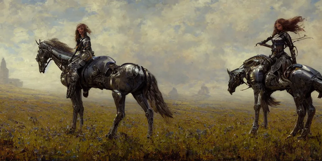 Image similar to full body girl medieval armor ccyborg and one metal horse landscape of meadow poses by gaston bussiere, anna nikonova aka newmilky, greg rutkowski, yoji shinkawa, yoshitaka amano, moebius, donato giancola, geoffroy thoorens, trending on artstation, featured on pixiv, cinematic composition, 8 k