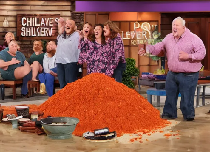 Prompt: qvc tv show product showcase pile of nasty chili spilled everywhere, chunky sloppy fat men no shirts wrestling in chili, wet, studio audience, limited time offer, call now, extremely detailed, horror, 4 k, hd