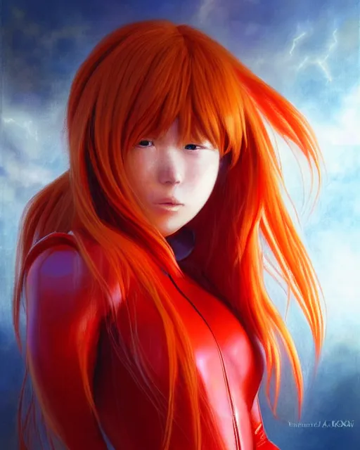 Image similar to asuka langley soryu wearing plugsuit, award winning photograph, radiant flares, realism, lens flare, intricate, various refining methods, micro macro autofocus, evil realm magic painting vibes, hyperrealistic painting by michael komarck - stephen gemmell