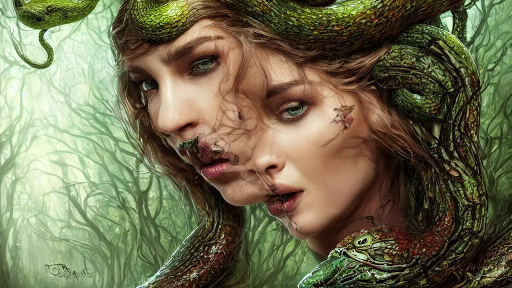 Image similar to portrait high definition photograph beautiful woman with a snake tongue licking an apple fantasy character art, hyper realistic, pretty face, hyperrealism, iridescence water elemental, snake skin armor forest dryad, woody foliage, 8 k dop dof hdr fantasy character art, by aleski briclot and alexander'hollllow'fedosav and laura zalenga