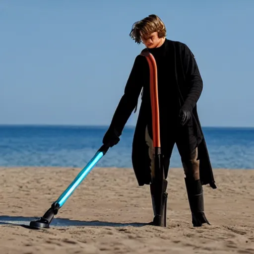 Image similar to anakin skywalker vacuuming the beach to remove sand