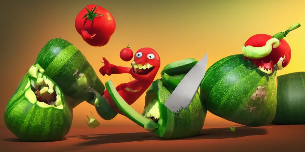 Image similar to detailed 3 d render of a furious zucchini character chasing down a frantic tomato, concept, high speed action, martial arts, explosions, bloody knife, dramatic scene, hyper realistic octane render, cinematic lighting, deviantart, pop - surrealism, lowbrow, frame from independent pixar movie