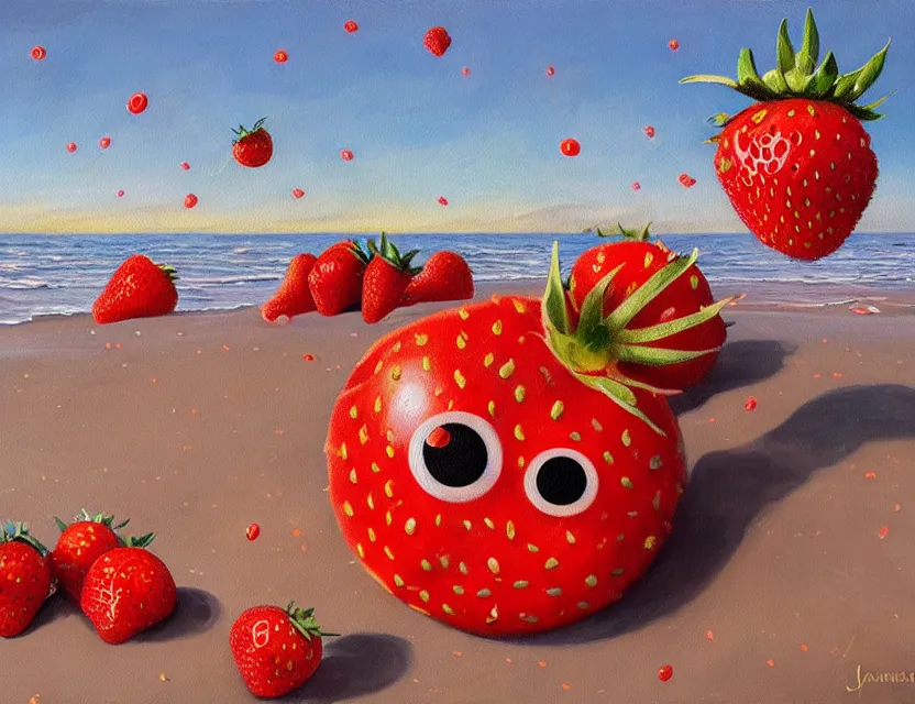 Prompt: a funny detailed high resolution oil painting with rough old brush of a lazy red burning tomato with many googly eyes on a beach to hot for the sun, big piles of strawberry icecream in cones falling from the sky on a sunset by james jean