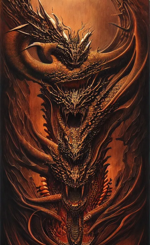 Image similar to a chthonic dragon art by Ayami Kojima, Beksinski, Giger, intricate colourfully painted carved wood paneling, dark souls, ivory and copper , artstation