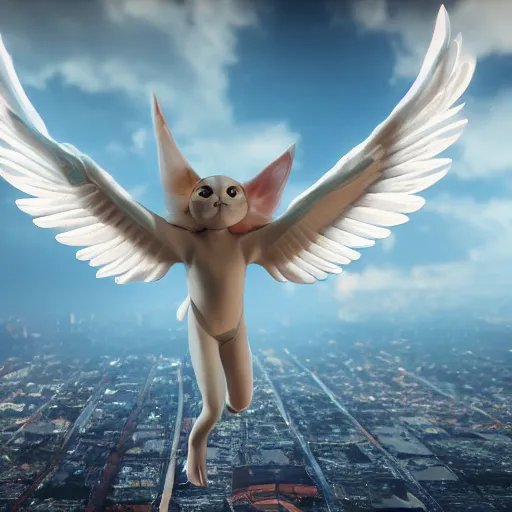 Prompt: Cinematic shot of flying Angel cat, hd, 4k, AAA game, octane render, raytracing, RTX