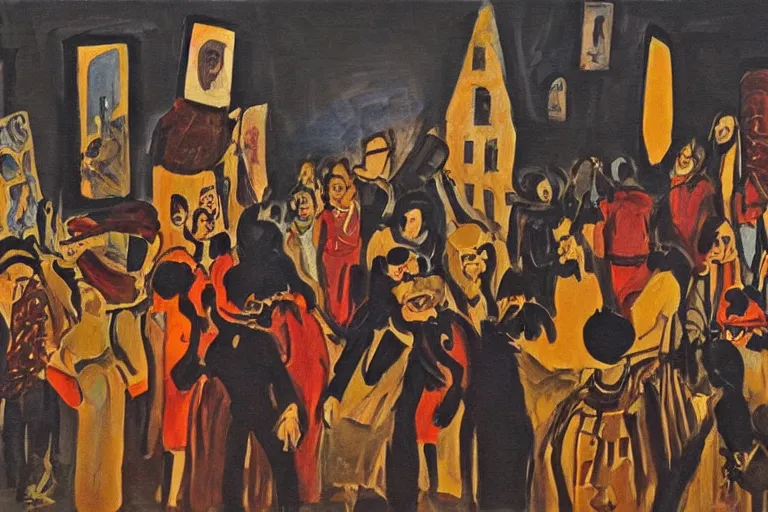 Image similar to woman movement, lisbon city at night, art in the style of paula rego