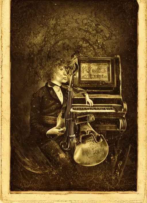 Prompt: old wetplate daguerreotype portrait of music by gyorgy kurtag,, fractal, intricate, elegant, highly detailed, parallax, leica, medium format, subsurface scattering, by jheronimus bosch and greg rutkowski and louis jacques mande daguerre