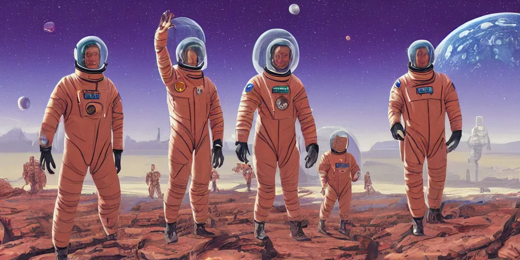 Prompt: a portrait of stallone and van damm and monroe pilots in spacesuit on field forrest spaceship station landing laying lake artillery outer worlds in FANTASTIC PLANET La planète sauvage animation by René Laloux