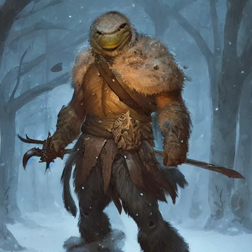 Image similar to anthropomorphic turtle barbarian humanoid, carapace, greg rutkowski, blizzard, winter, night, furs, fantasy