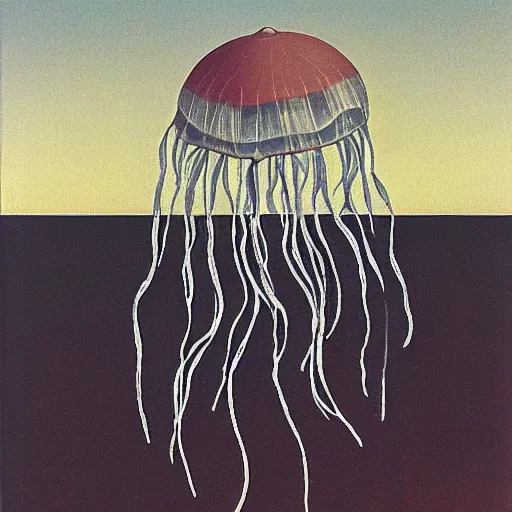 Image similar to a stinging jellyfish, by grant wood