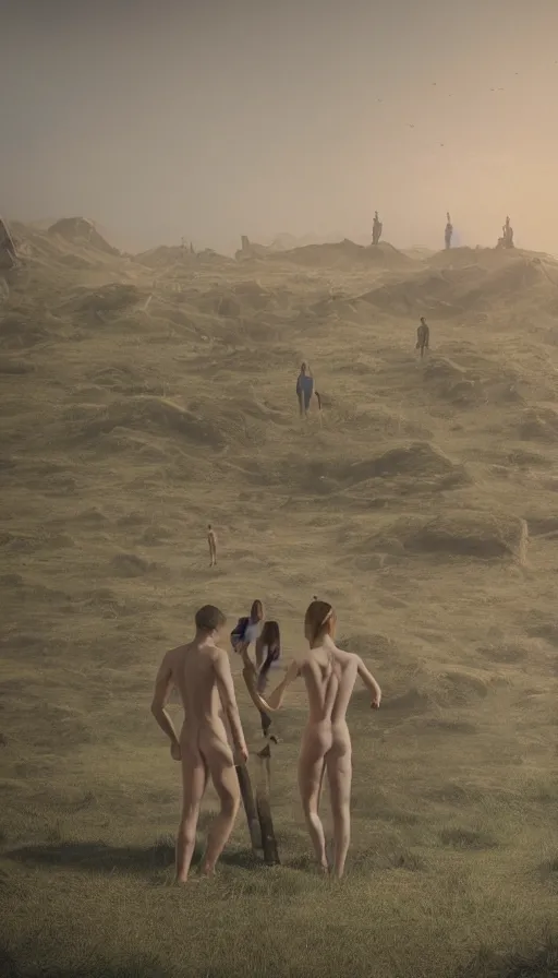 Prompt: a dystopian landscape made of beautiful naturist couples, Octane Render, cinematic