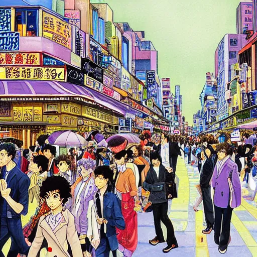 Image similar to a beautiful painting of people traveling down a busy city street by hirohiko araki, detailed line art, jojos bizarre adventure