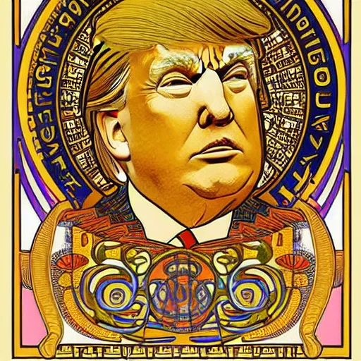 Image similar to detailed art of Donald Trump , by Alphonse Mucha and Gustav Klimt