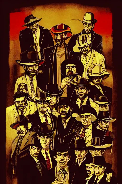 Prompt: mob mafia saints in mexico, with long hat, aesthetic, concept art, bioshock and gta chinatown wars pop art style, by mike swiderek, jorge lacera, ben lo, tyler west,, ultrarealistic, sharp focus, intricate, ultra high definition details, shadow effect