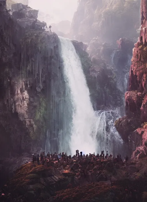 Image similar to A waterfall made of humans by Greg Rutkowski, Sung Choi, Mitchell Mohrhauser, Maciej Kuciara, Johnson Ting, Maxim Verehin, Peter Konig, final fantasy, 8k photorealistic, cinematic lighting, HD, high details, dramatic, atmospheric , trending on artstation