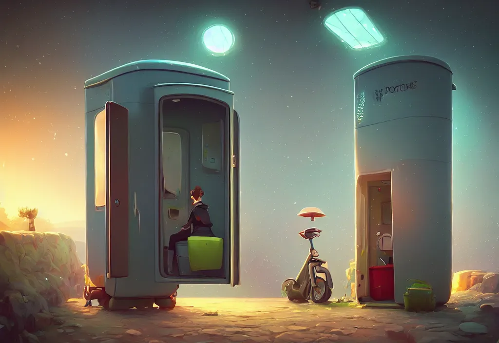 Image similar to A beautiful illustration of the interior of a port-a-potty, trending on Artstation, WLOP, cgsociety by Gediminas Pranckevicius, trending on cgsociety, Michaelangelo, bokeh, fractal Thunder glow by dan mumford