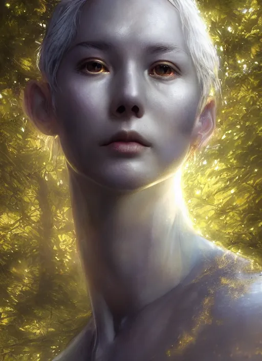 Image similar to glowing silver and golden elements, full close-up portrait, realistic crow, book cover, green forest, white moon, establishing shot, extremly high detail, photo-realistic, cinematic lighting, by Yoshitaka Amano, Ruan Jia, Kentaro Miura, Artgerm, post processed, concept art, artstation, matte painting, style by eddie mendoza, raphael lacoste, alex ross