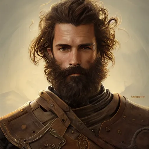 Prompt: portrait of a ruggedly handsome paladin, soft hair, muscular, half body, leather, hairy, d & d, fantasy, intricate, elegant, highly detailed, digital painting, artstation, concept art, smooth, sharp focus, illustration, art by artgerm and greg rutkowski and alphonse mucha