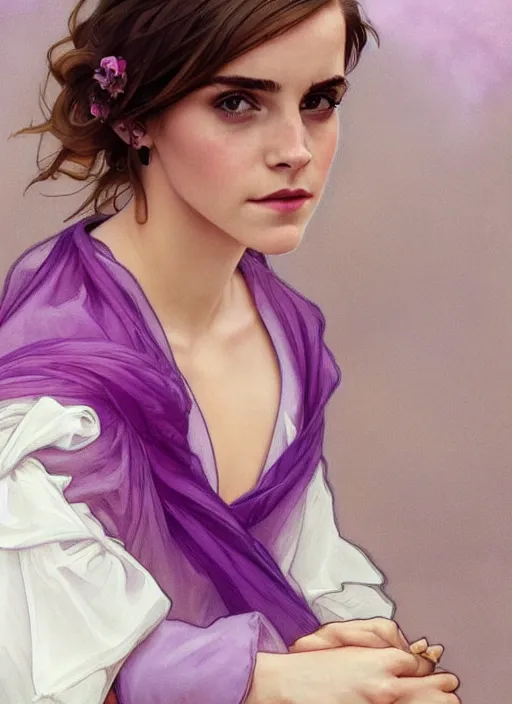 Image similar to emma watson wearing revealing elegant pink and purple dress with flounces. beautiful detailed face. by artgerm and greg rutkowski and alphonse mucha