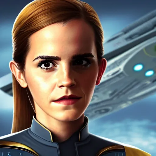 Image similar to a full body portrait of emma watson as a star fleet officer from star trek next generation, ultra rendered extreme realism and detail, 8 k, highly detailed, realistic, completely framed, hyper realistic, colorful, direct lighting, 3 5 mm photo, photorealistic, sharp focus