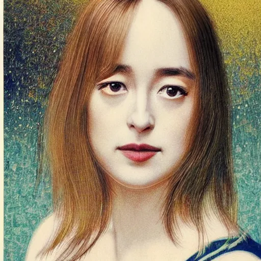 Image similar to “ dakota johnson portrait by ikenaga yasunari and ayana otake and ko rakusui, 6 0 s poster, drawing, realistic, sharp focus, japanese, dreamy, nostalgia, faded, golden hues, floral clothes, porcelain skin ”