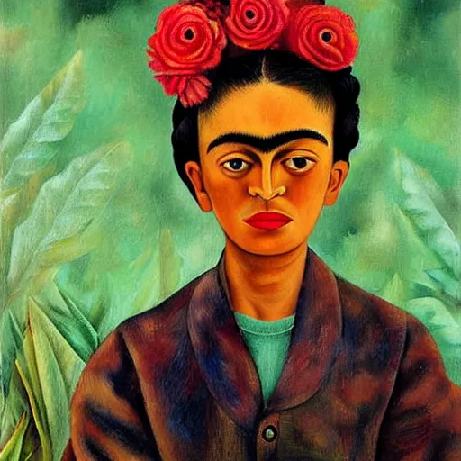 Prompt: dreamer boy, oil Painting by Frida kahlo