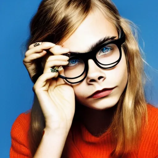 Prompt: photo of a gorgeous 20-year-old Cara Delevingne with 1960s hairstyle hipster glasses by Mario Testino, detailed, head shot, award winning, Sony a7R -