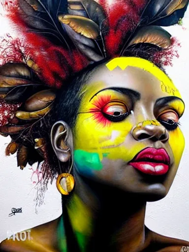 Prompt: portrait of an black woman painted by giuseppe arcimboldo, karol bak, artur bordalo, sandra chevrier : : portrait, vibrant, character, illustration, street art, graffiti