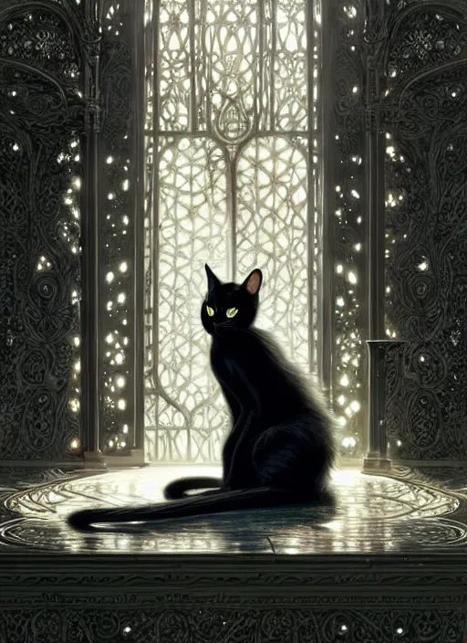 Image similar to black cat with white spots taking shelter from rain, fantasy, intricate, elegant, hyper detailed, ultra definition, photoreal, artstation, unreal engine rendered, concept art, smooth, sharp focus, illustration, art by artgerm and greg rutkowski and alphonse mucha and garis edelweiss