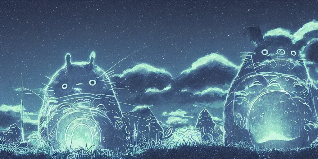 Image similar to glowing wireframe totoro, mountain landscape, night sky, digital art, digital painting, celestial, majestic, colorful