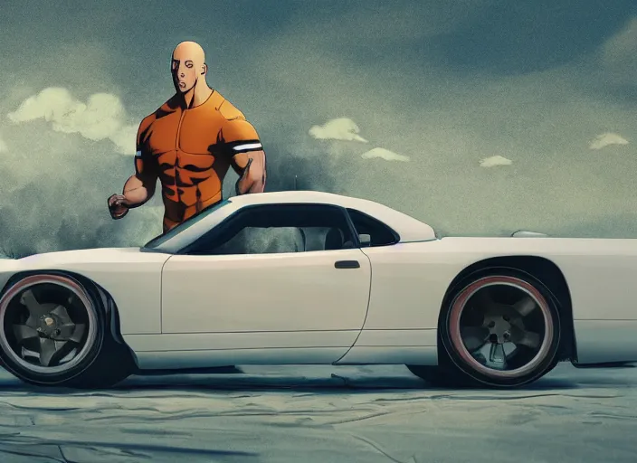 Image similar to landscape, long shot of ( vin diesel ) as saitama!!! throwing!!!!! a car, hyperrealism, trending on artstation