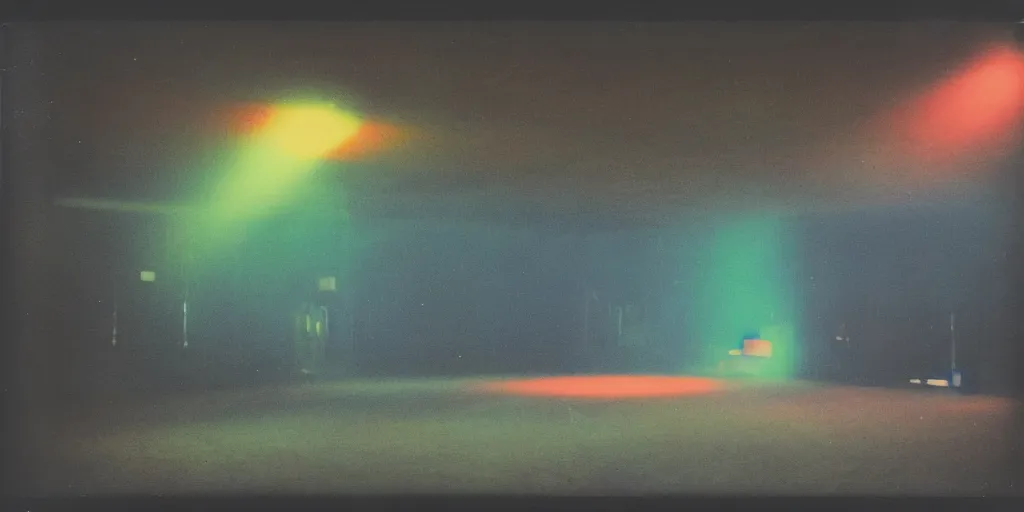 Image similar to colourful polaroid photo of an empty discotheque hall, with smoke, flashing strobe lights