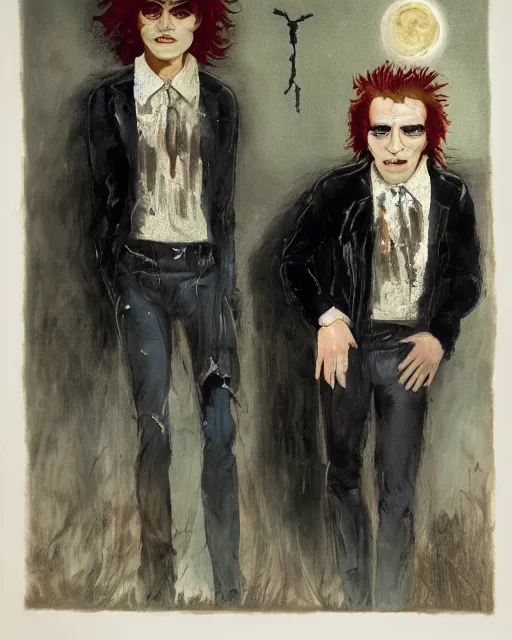 Image similar to two handsome but sinister young men in layers of fear, with haunted eyes and wild hair, 1 9 7 0 s, seventies, wallpaper, a little blood, moonlight showing injuries, delicate embellishments, painterly, offset printing technique, by brom, robert henri, walter popp