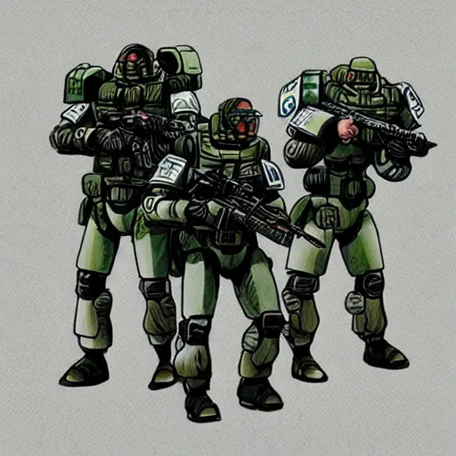 Prompt: green berets in the style of Jeff Laubenstein Battletech