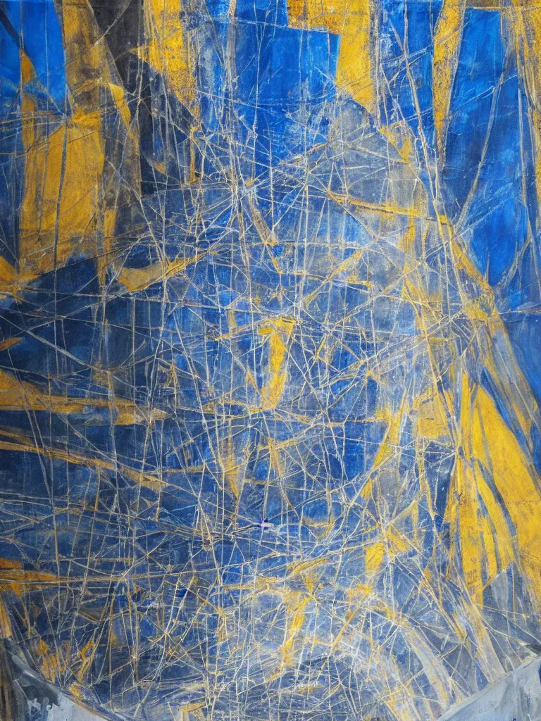 Image similar to a beautiful painting under a bridge by the architect zvi hecker, structural concrete, rough charcoal painting, blue and gold highlights