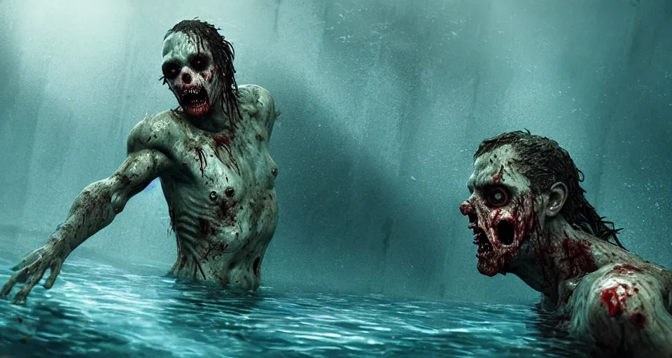 Image similar to highly detailed full body portrait of a zombie swimming underwater in a zombie - apocalypse, in a swimming pool, by greg rutkowski, octane render