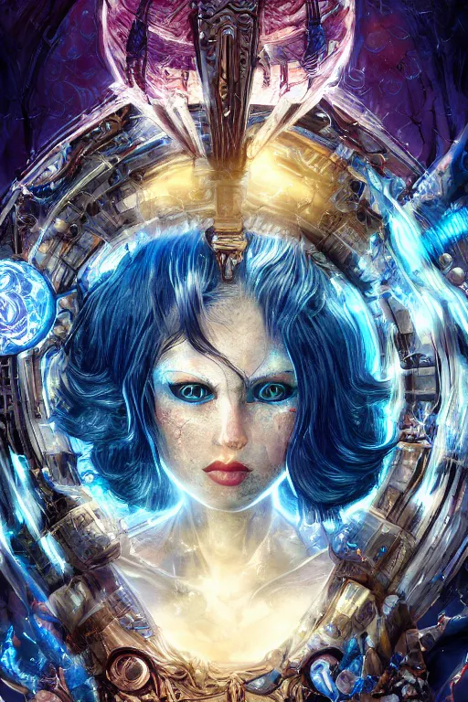 Image similar to Path of Exile, Maven, blue eyes female image with silver purple hair among colourful lights, dark blue spheres fly around, Anachronism, painting, dark fantasy, steampunk, 4k