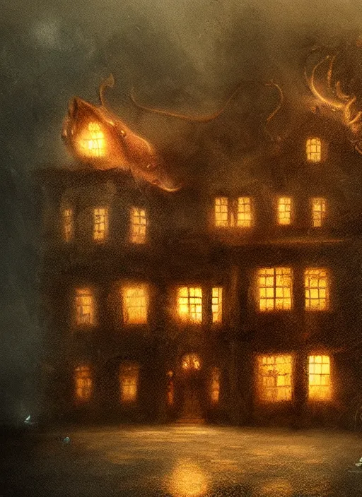 Image similar to giant squid destroying a glowing mansion in burning vapor dramatic lighting, artstation, matte painting, alexander jansson, allen williams, anton semenov